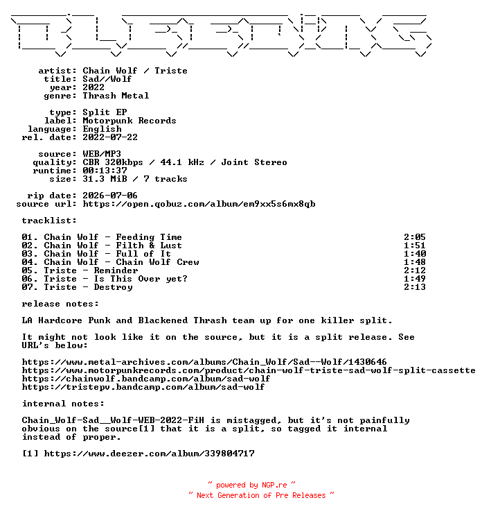 NFO for the release Chain_Wolf-Triste--SadWolf-Split-EP-WEB-2022-BLEEDiNG_iNT by BLEEDiNG_iNT