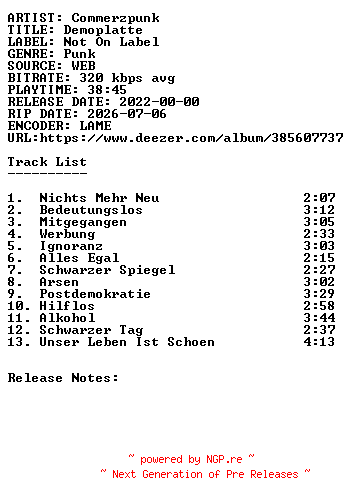NFO for the release Commerzpunk-Demoplatte-WEB-DE-2022-SDR by SDR