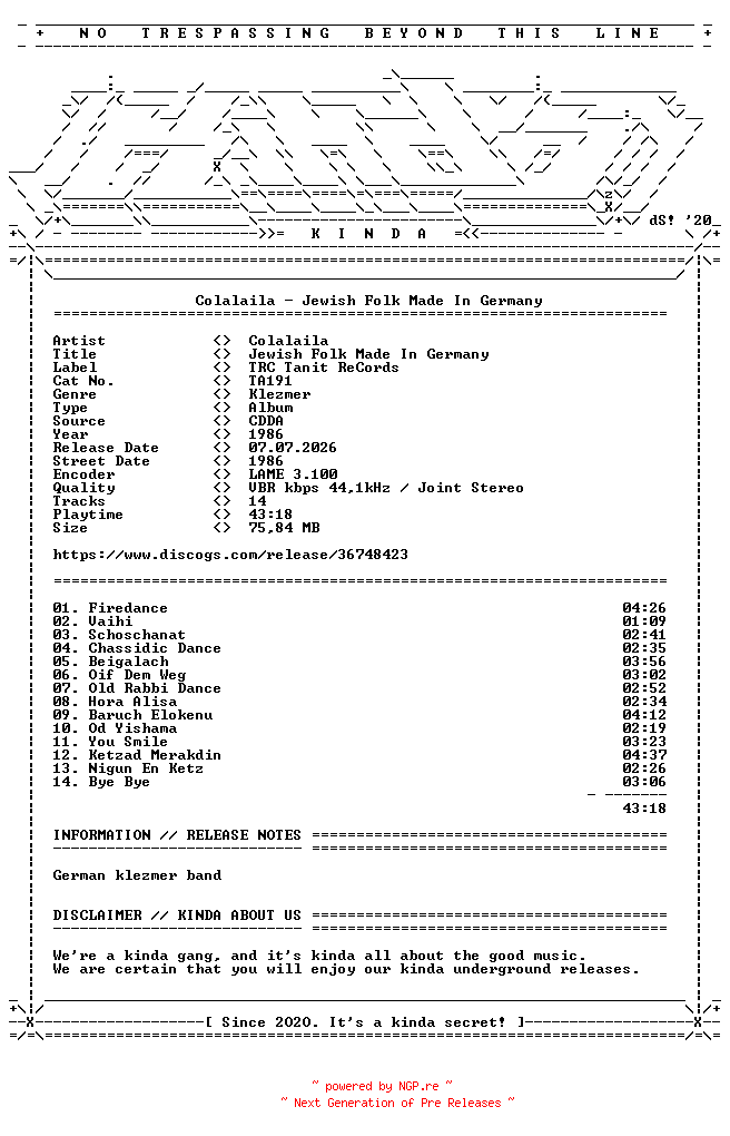 NFO for the release Colalaila-Jewish_Folk_Made_In_Germany-(TA191)-CD-1986-KINDA by KINDA