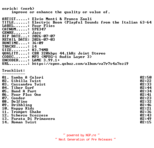 NFO for the release Elvio_Monti_and_Franco_Zauli-Electric_Boom_(Playful_Sounds_from_the_Italian_63-64_Era)-(SPE347)-WEB-2026-ENRiCH by ENRiCH