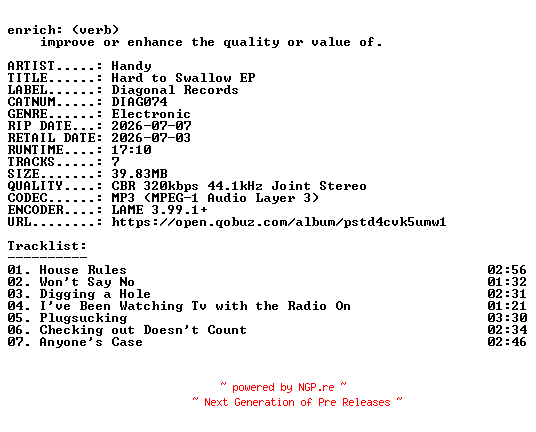 NFO for the release Handy-Hard_to_Swallow_EP-(DIAG074)-WEB-2026-ENRiCH by ENRiCH