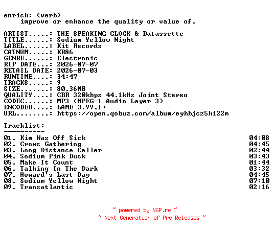 NFO for the release THE_SPEAKING_CLOCK_and_Datassette-Sodium_Yellow_Night-(KR86)-WEB-2026-ENRiCH by ENRiCH