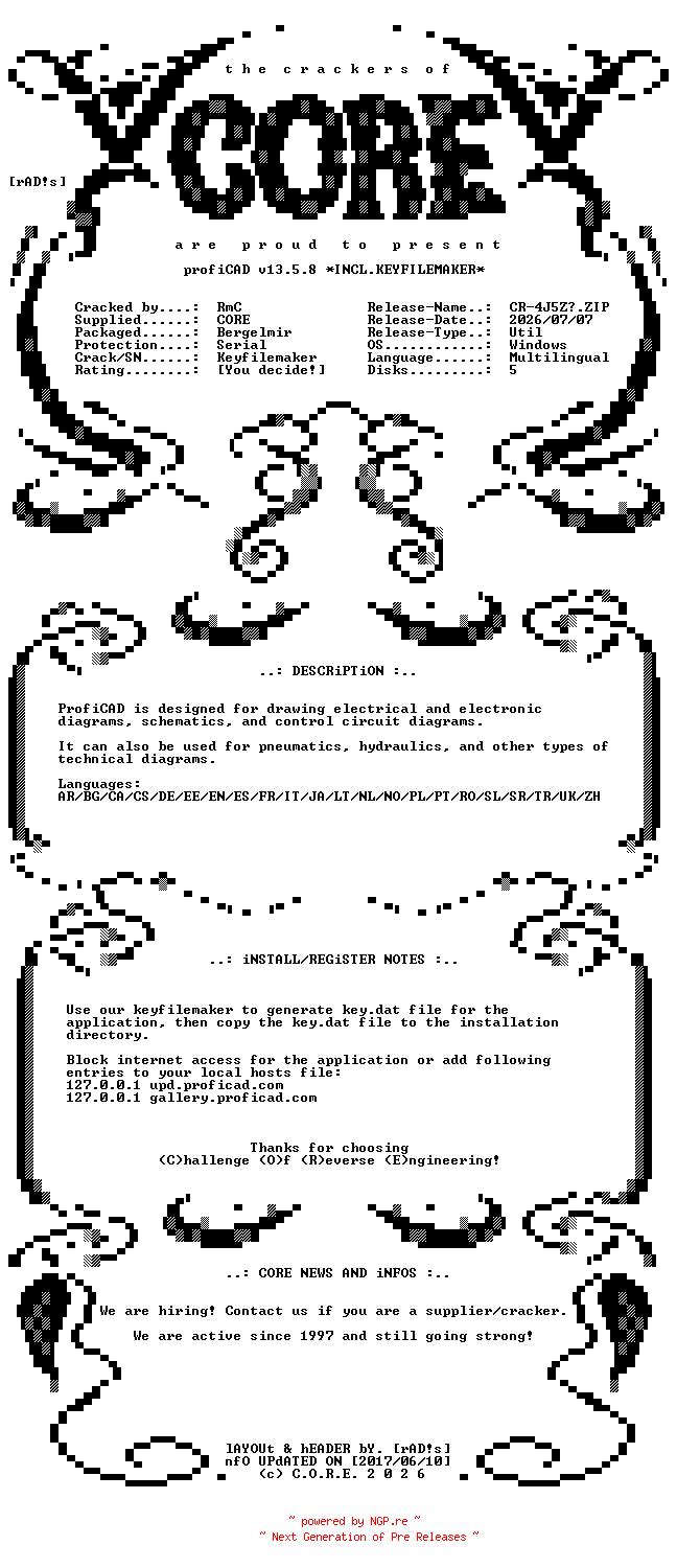 NFO for the release ProfiCAD.v13.5.8.Multilingual.Incl.Keyfilemaker-CORE by CORE