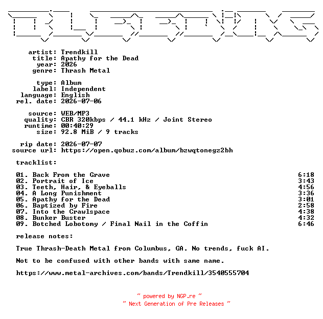 NFO for the release Trendkill-Apathy_for_the_Dead-WEB-2026-BLEEDiNG by BLEEDiNG