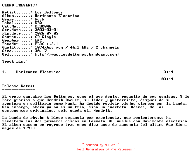 NFO for the release Los_Deltonos-Horizonte_Electrico-(DEW0046)-ES-PROMO-CDS-FLAC-2003-CEBAD by CEBAD