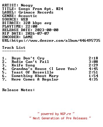 NFO for the release Noogy-Songs_From_Apt._24-WEB-2023-SDR by SDR