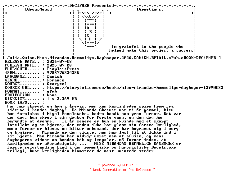 NFO for the release Julia.Quinn.Miss.Mirandas.Hemmelige.Dagboeger.2026.DANiSH.RETAiL.ePub.eBOOK-DECiPHER by DECiPHER