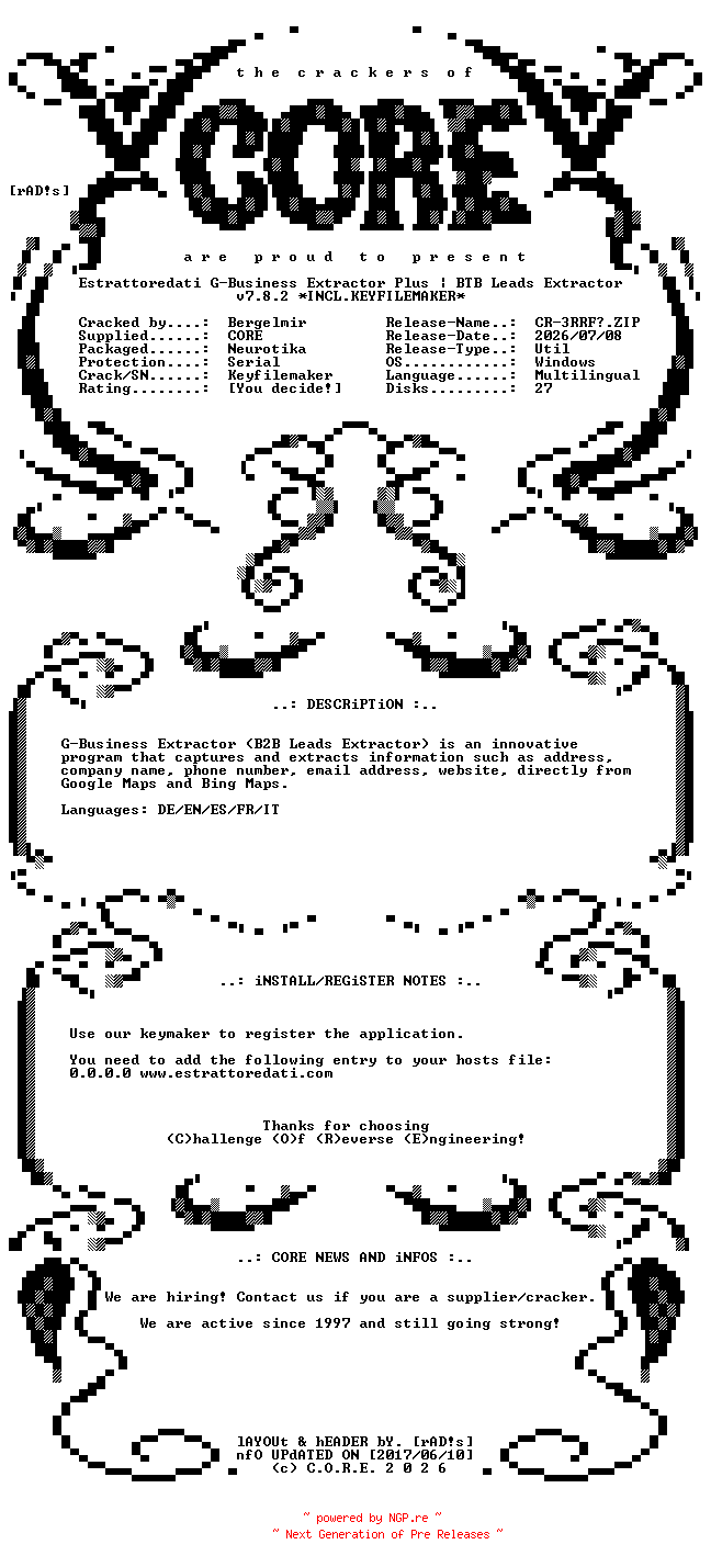NFO for the release Estrattoredati.G-Business.Extractor.Plus.BTB.Leads.Extractor.v7.8.2.Multilingual.Incl.Keyfilemaker-CORE by CORE