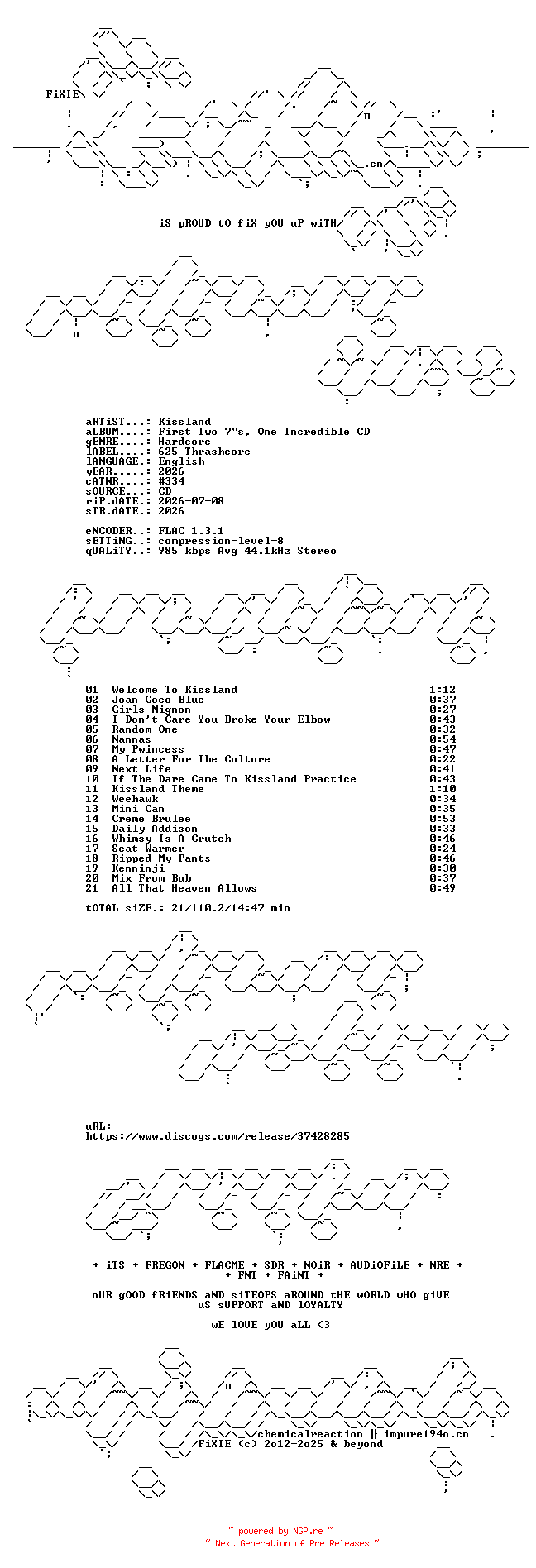 NFO for the release Kissland-First_Two_7_S_One_Incredible_CD-CD-FLAC-2026-FIXIE by FIXIE