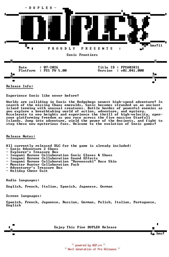 NFO for the release SONIC.FRONTIERS.incl.DLC.PS5-DUPLEX by DUPLEX