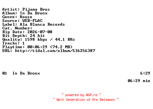 NFO for the release Pijama_Bros-In_Da_Bronx-SINGLE-24BIT-WEB-FLAC-2026-HFC by HFC