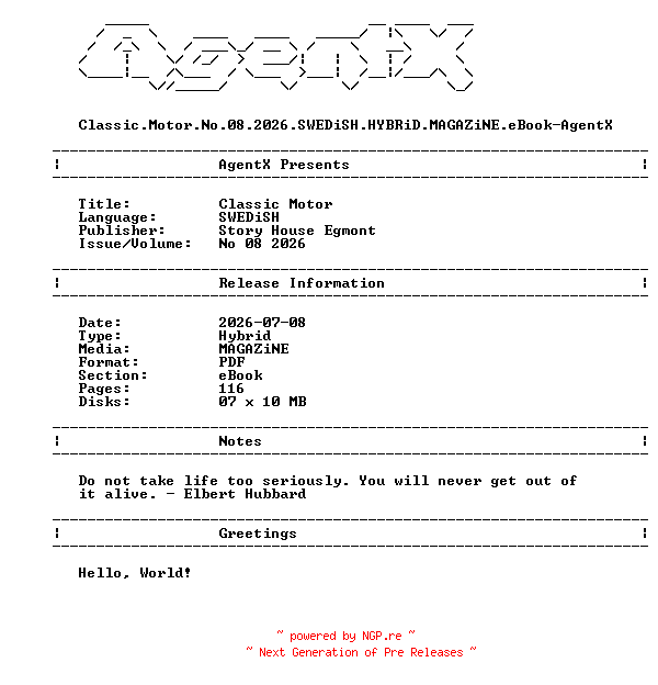 NFO for the release Classic.Motor.No.08.2026.SWEDiSH.HYBRiD.MAGAZiNE.eBook-AgentX by AgentX