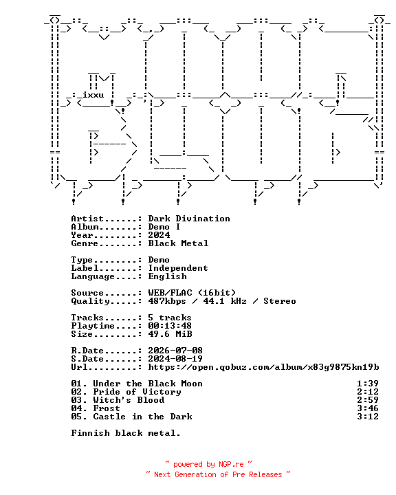 NFO for the release Dark_Divination-Demo_I-DEMO-16BIT-WEB-FLAC-2024-MOONBLOOD by MOONBLOOD