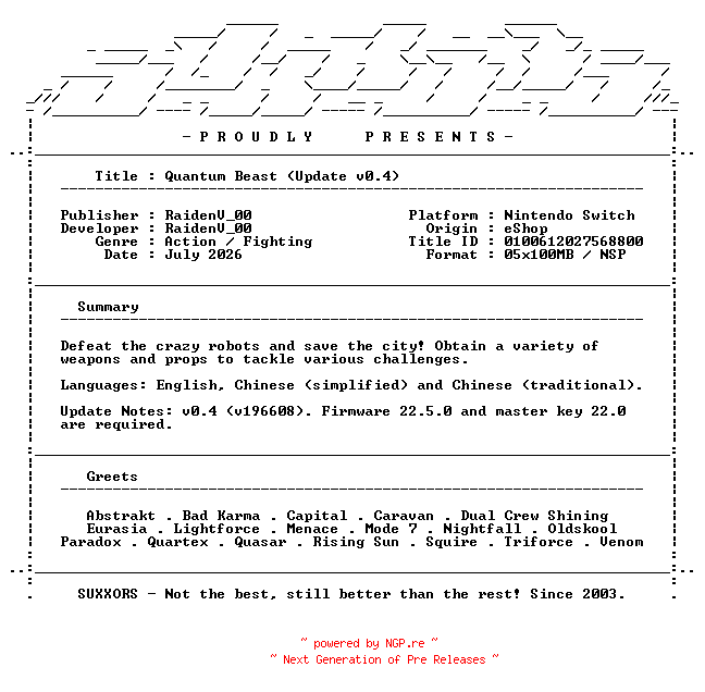 NFO for the release Quantum_Beast_Update_v0.4_NSW-SUXXORS by SUXXORS