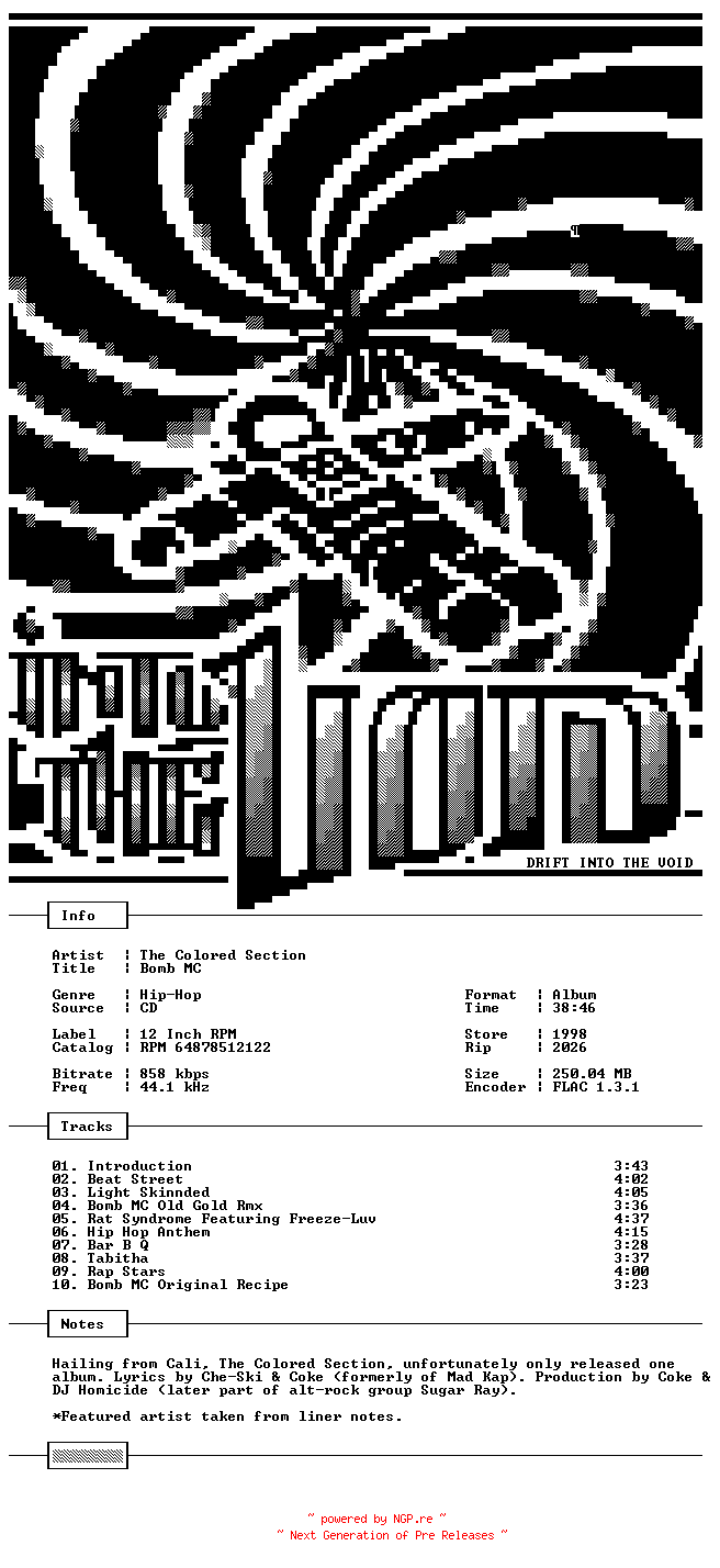 NFO for the release The_Colored_Section-Bomb_MC-CD-FLAC-1998-THEVOiD by THEVOiD