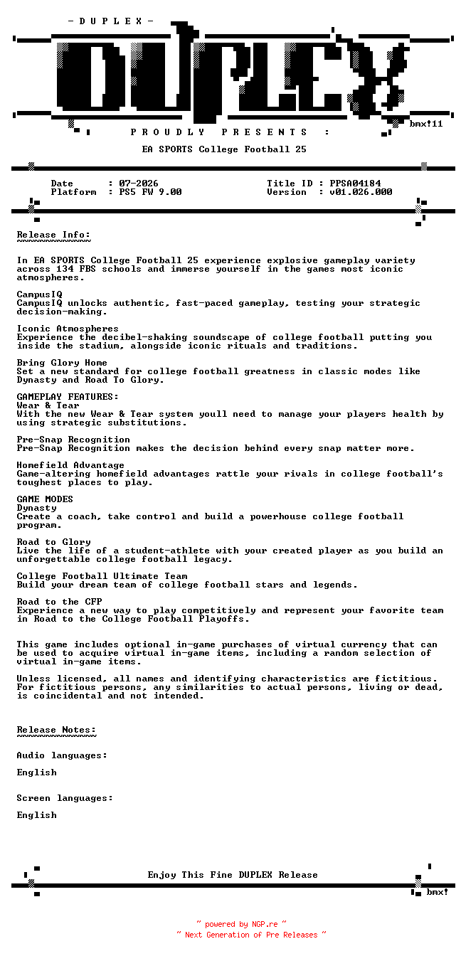 NFO for the release EA.SPORTS.College.Football.25.PS5-DUPLEX by DUPLEX