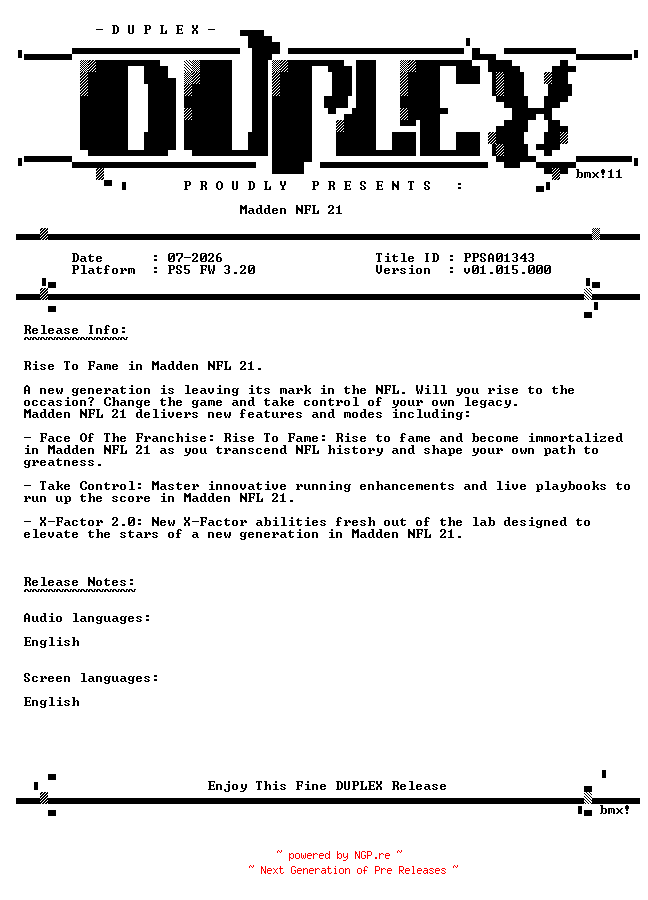 NFO for the release Madden.NFL.21.PS5-DUPLEX by DUPLEX