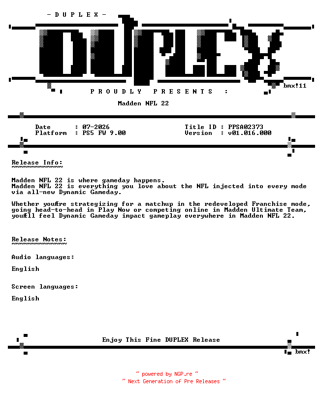 NFO for the release Madden.NFL.22.PS5-DUPLEX by DUPLEX