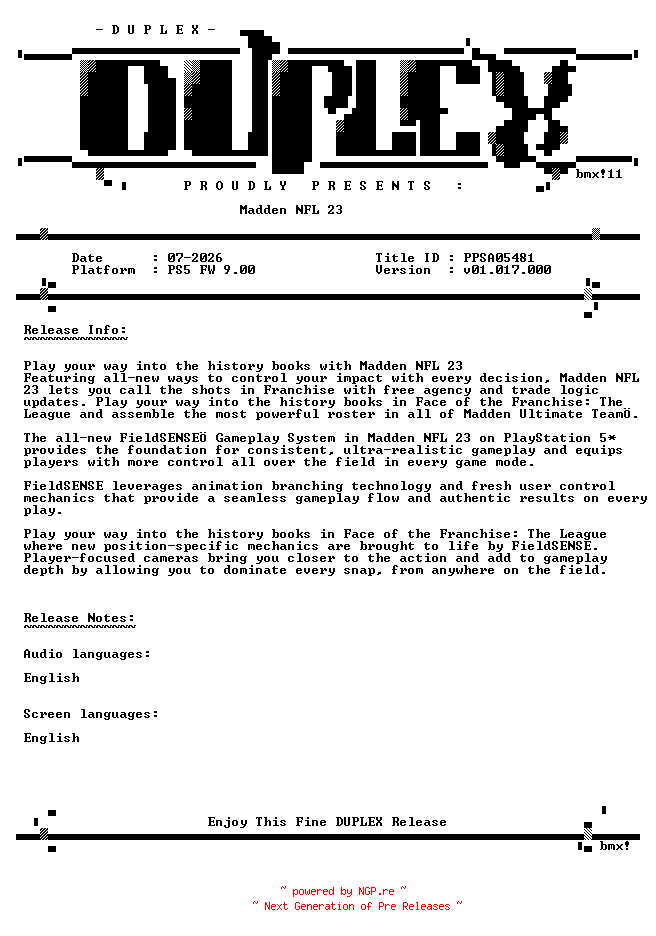 NFO for the release Madden.NFL.23.PS5-DUPLEX by DUPLEX