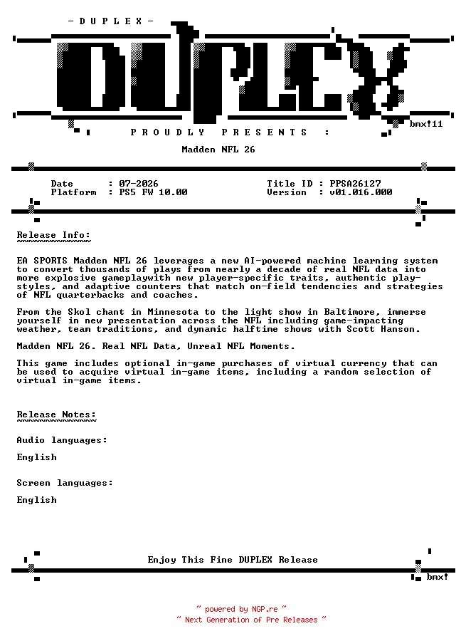 NFO for the release Madden.NFL.26.PS5-DUPLEX by DUPLEX