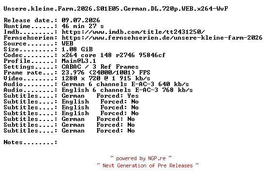 NFO for the release Unsere.kleine.Farm.2026.S01E05.German.DL.720p.WEB.x264-WvF by WvF
