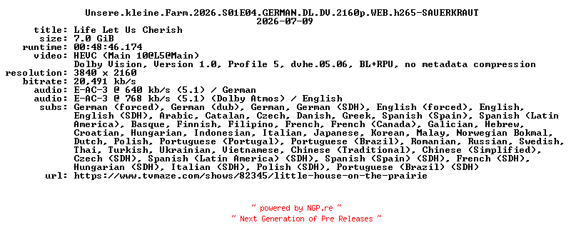 NFO for the release Unsere.kleine.Farm.2026.S01E04.GERMAN.DL.DV.2160p.WEB.h265-SAUERKRAUT by SAUERKRAUT