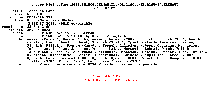 NFO for the release Unsere.kleine.Farm.2026.S01E06.GERMAN.DL.HDR.2160p.WEB.h265-SAUERKRAUT by SAUERKRAUT