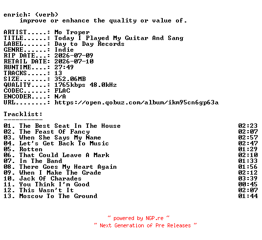 NFO for the release Mo_Troper-Today_I_Played_My_Guitar_And_Sang-24BIT-WEB-FLAC-2026-ENRiCH by ENRiCH