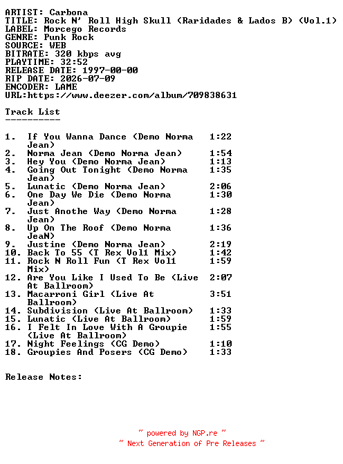 NFO for the release Carbona-Rock_N_Roll_High_Skull_(Raridades_and_Lados_B)_(Vol.1)-WEB-1997-SDR by SDR
