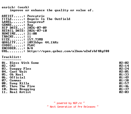 NFO for the release Percatric-Angels_In_The_Outfield-16BIT-WEB-FLAC-2026-ENRiCH by ENRiCH