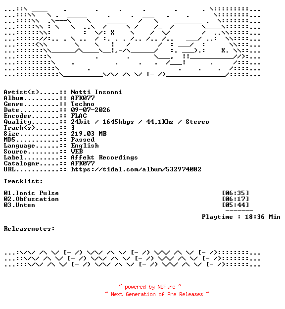 NFO for the release Notti_Insonni-AFK077-24BIT-WEB-FLAC-2026-WAVED by WAVED
