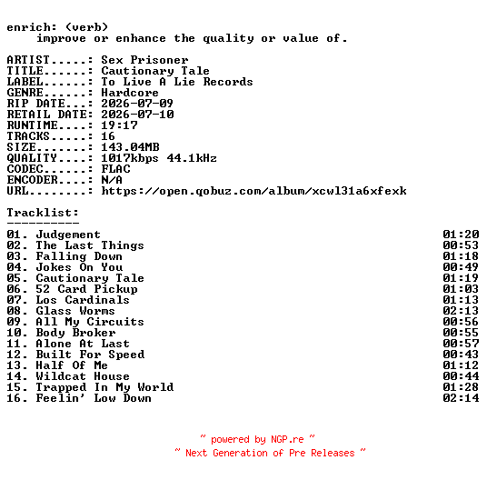NFO for the release Sex_Prisoner-Cautionary_Tale-16BIT-WEB-FLAC-2026-ENRiCH by ENRiCH