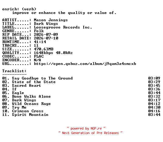 NFO for the release Mason_Jennings-Dark_Wings-24BIT-WEB-FLAC-2026-ENRiCH by ENRiCH