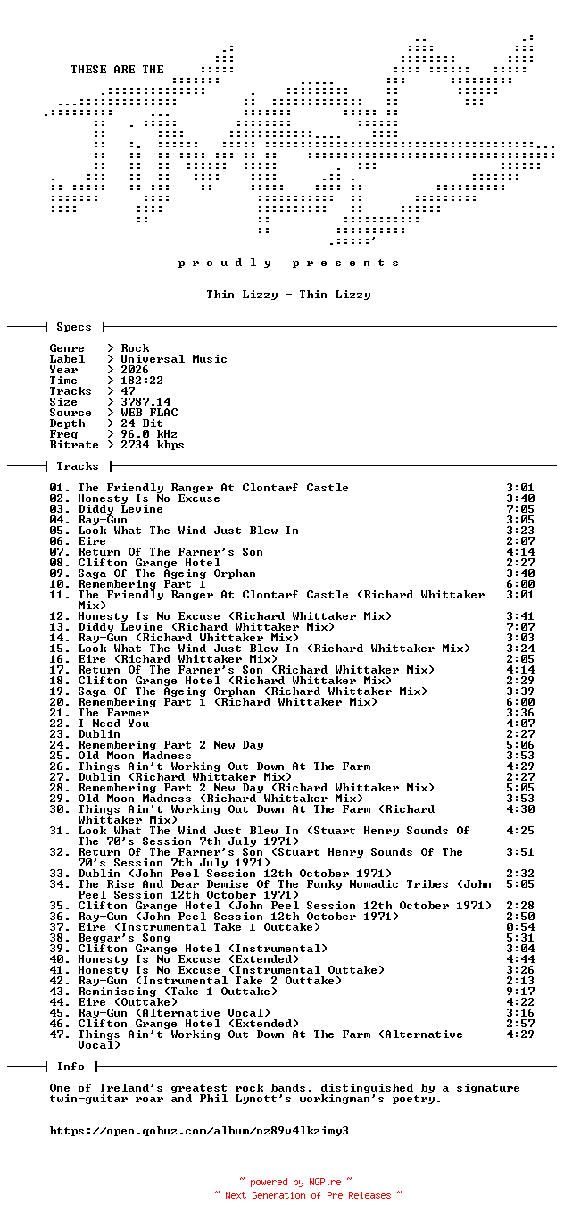 NFO for the release Thin_Lizzy-Thin_Lizzy-Remastered_Deluxe_Edition-24BIT-96KHZ-WEB-FLAC-2026-TiMES by TiMES