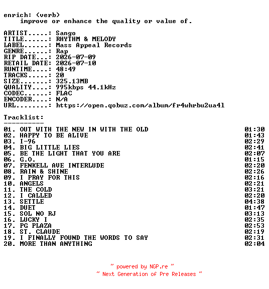 NFO for the release Sango-RHYTHM_and_MELODY-16BIT-WEB-FLAC-2026-ENRiCH by ENRiCH