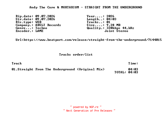 NFO for the release Andy_The_Core_And_MORTARIUM_-_STRAIGHT_FROM_THE_UNDERGROUND-(ABSLT072)-SINGLE-WEB-2026-FMC by FMC