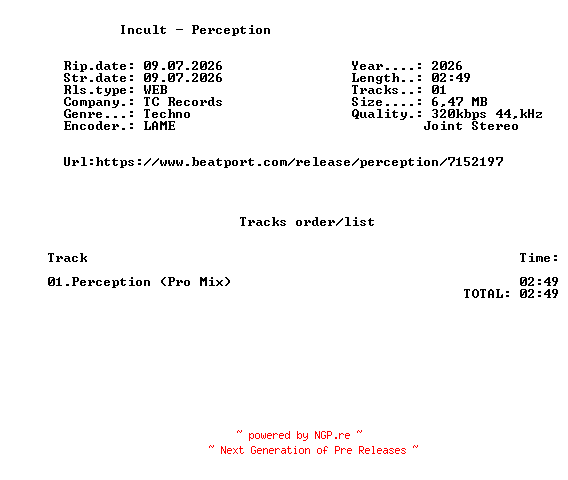 NFO for the release Incult_-_Perception-(TCRECPRO180)-SINGLE-WEB-2026-FMC by FMC