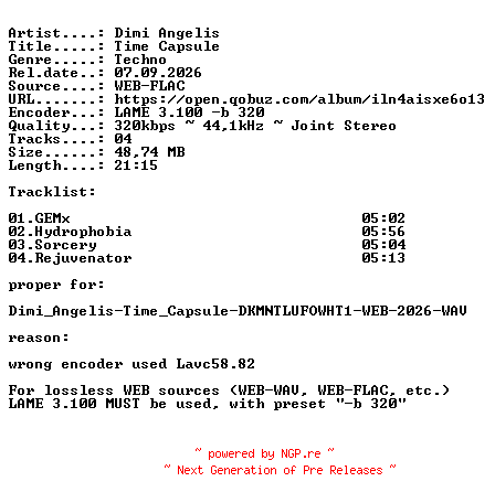 NFO for the release Dimi_Angelis-Time_Capsule-(DKMNTLUFOWHT1)-PROPER-WEB-2026-iND by iND