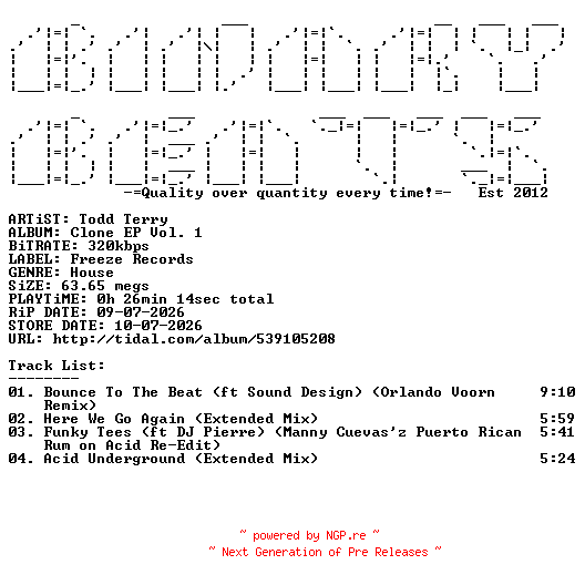 NFO for the release Todd_Terry-Clone_EP_Vol._1-(FR904)-WEB-2026-BB by BB