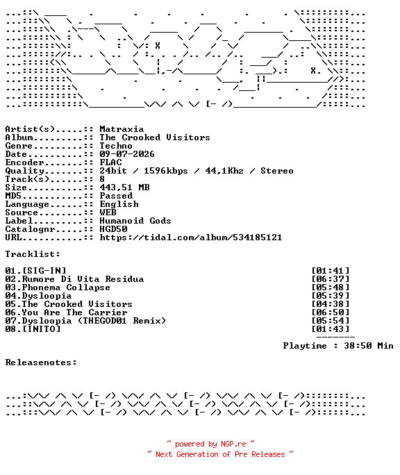 NFO for the release Matraxia-The_Crooked_Visitors-HGD50-24BIT-WEB-FLAC-2026-WAVED by WAVED