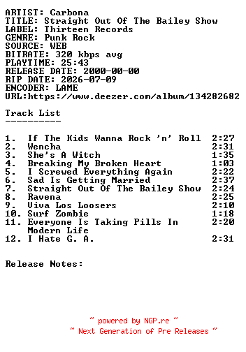 NFO for the release Carbona-Straight_Out_Of_The_Bailey_Show-WEB-2000-SDR by SDR