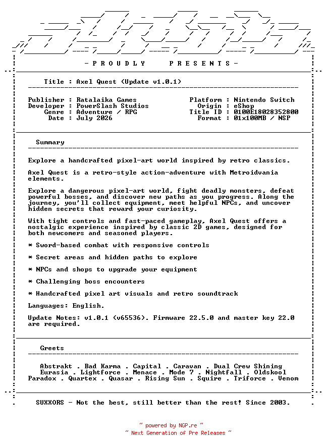 NFO for the release Axel_Quest_Update_v1.0.1_NSW-SUXXORS by SUXXORS