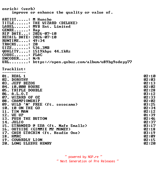 NFO for the release M_Huncho-THE_WIZARD_(DELUXE)-24BIT-WEB-FLAC-2026-ENRiCH by ENRiCH