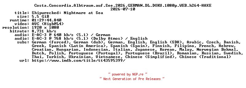 NFO for the release Costa.Concordia.Albtraum.auf.See.2026.GERMAN.DL.DOKU.1080p.WEB.h264-HAXE by HAXE