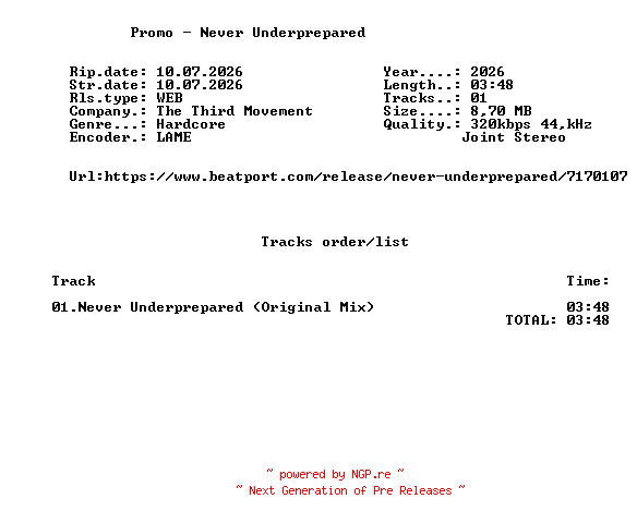 NFO for the release Promo_-_Never_Underprepared-(T3RDM0487)-SINGLE-WEB-2026-FMC by FMC