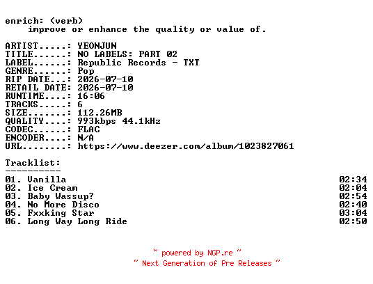 NFO for the release YEONJUN-NO_LABELS_PART_02-KR-EP-16BIT-WEB-FLAC-2026-ENRiCH by ENRiCH