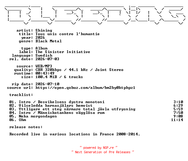 NFO for the release Shining-Tous_unis_contre_lhumantie-SE-WEB-2026-BLEEDiNG by BLEEDiNG
