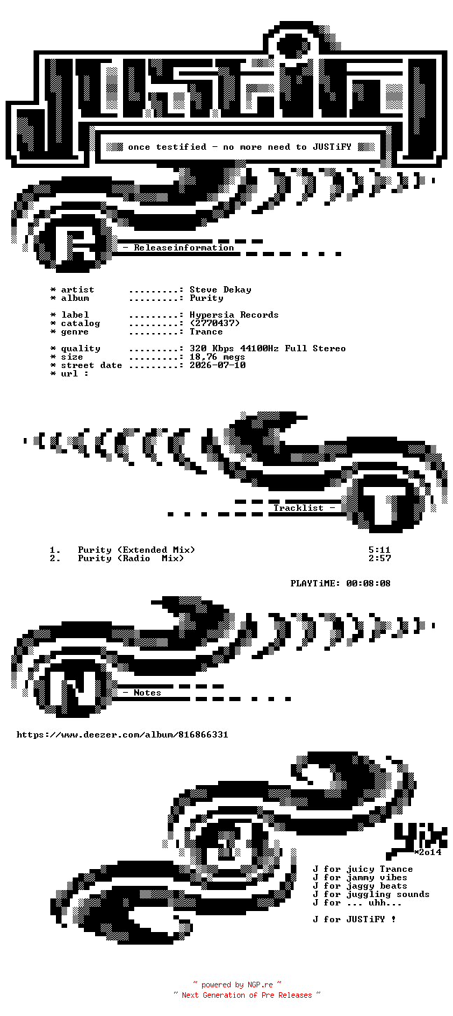 NFO for the release Steve_Dekay_-_Purity-(2770437)-WEB-2025-JUSTiFY by JUSTiFY