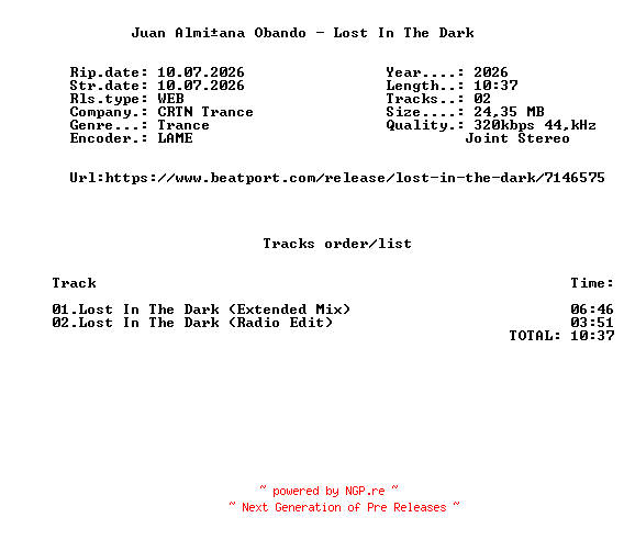 NFO for the release Juan_Alminana_Obando_-_Lost_In_The_Dark-(CRTNTR187)-WEB-2026-FMC by FMC