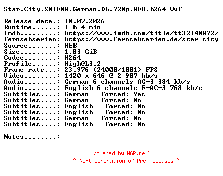 NFO for the release Star.City.S01E08.German.DL.720p.WEB.h264-WvF by WvF